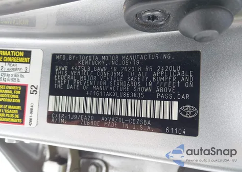 2020 Toyota Camry Se from USA, damaged, VIN 4T1G11AKXLU863835